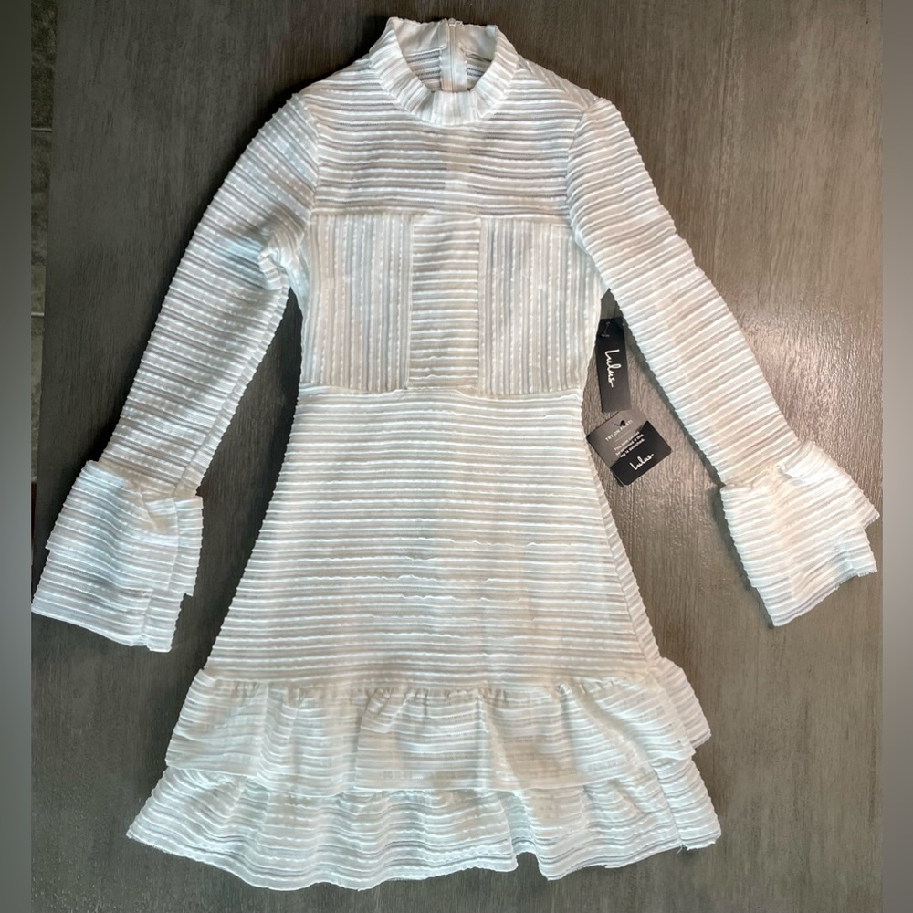 NWT Lulu’s For Always White Ruffled Long Sleeve Mini Dress XS - Picture 4 of 16